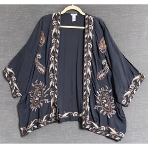 J Jill Kimono Cardigan S M L Gray Embroidered Paisley Boho Lightweight Artsy